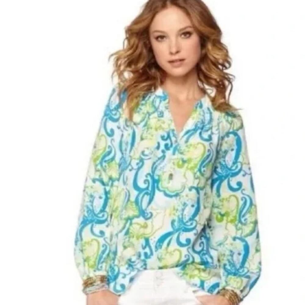 Lilly Pulitzer Elsa Silk Top Womens XS Resort Crystal Coast Print Blouse